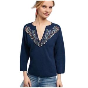Anthropologie Moth Navy Jeweled Split Neck Sweater